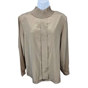 Vintage LAUREN LEE Pleated Mock Neck Blouse Size 14 Tan Long Sleeve USA /A188